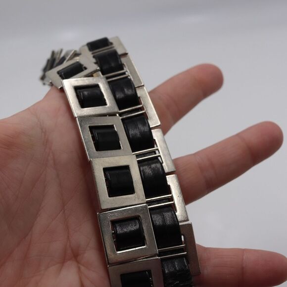 Vintage 80s Black Silver Square Segment Skinny Belt 35" Leather Look Retro - Picture 1 of 6